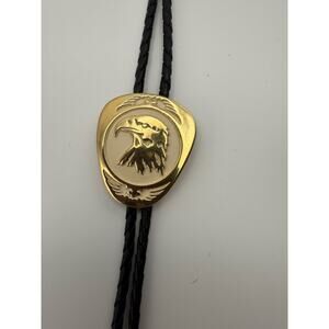 Vintage Leather Gold Tone Eagle Cowboy Bolo Neck Tie With Gold Tone Tie Tips